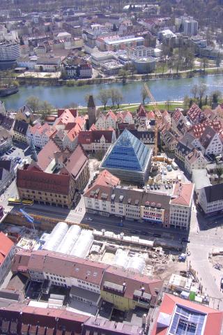 Another view from atop the Muenster.  The Donau is up top.  In the middle is a new, pyramid-shaped building that is under construction.