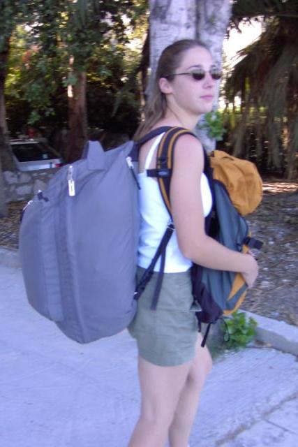 Here is Megan, showing off the stylish two-backpack setup.