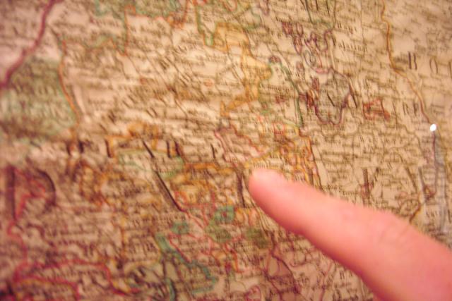 If this picture wasn't so blurry, you could see that we're pointing to Ulm on this old map of Germany.