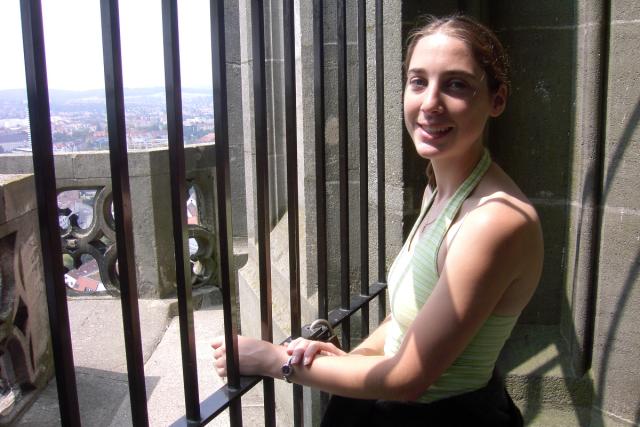 Megan, happy to be taking a short break while going upstairs.