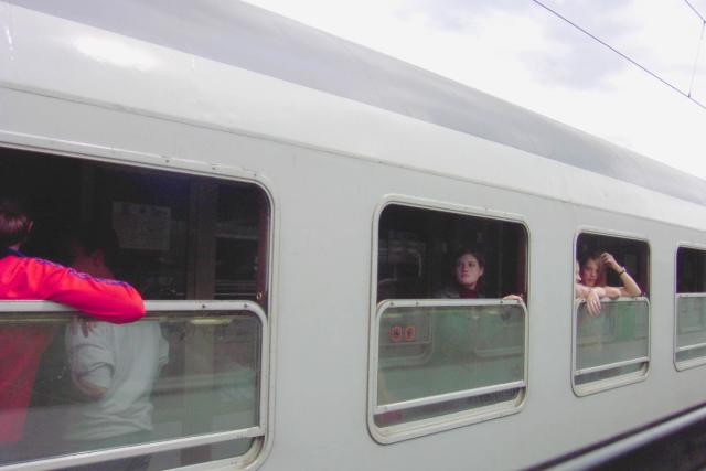 These girls on the neighboring train we very friendly and waved at us.  I wonder if they were American tourists who thought they were waving at Prague men.