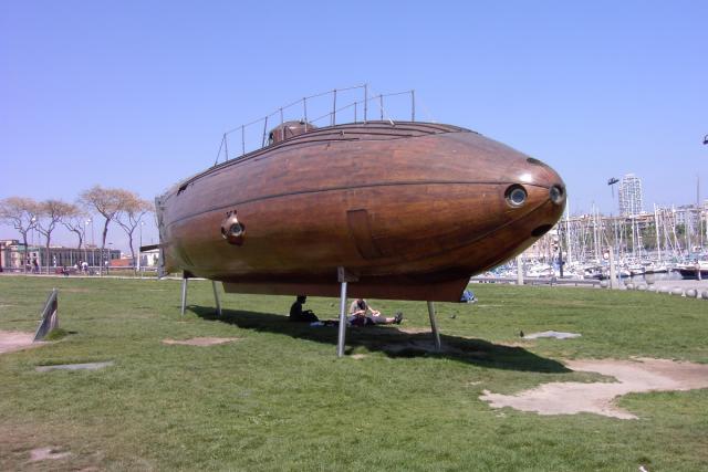 We saw this strange wooden submarine in Barcelona.